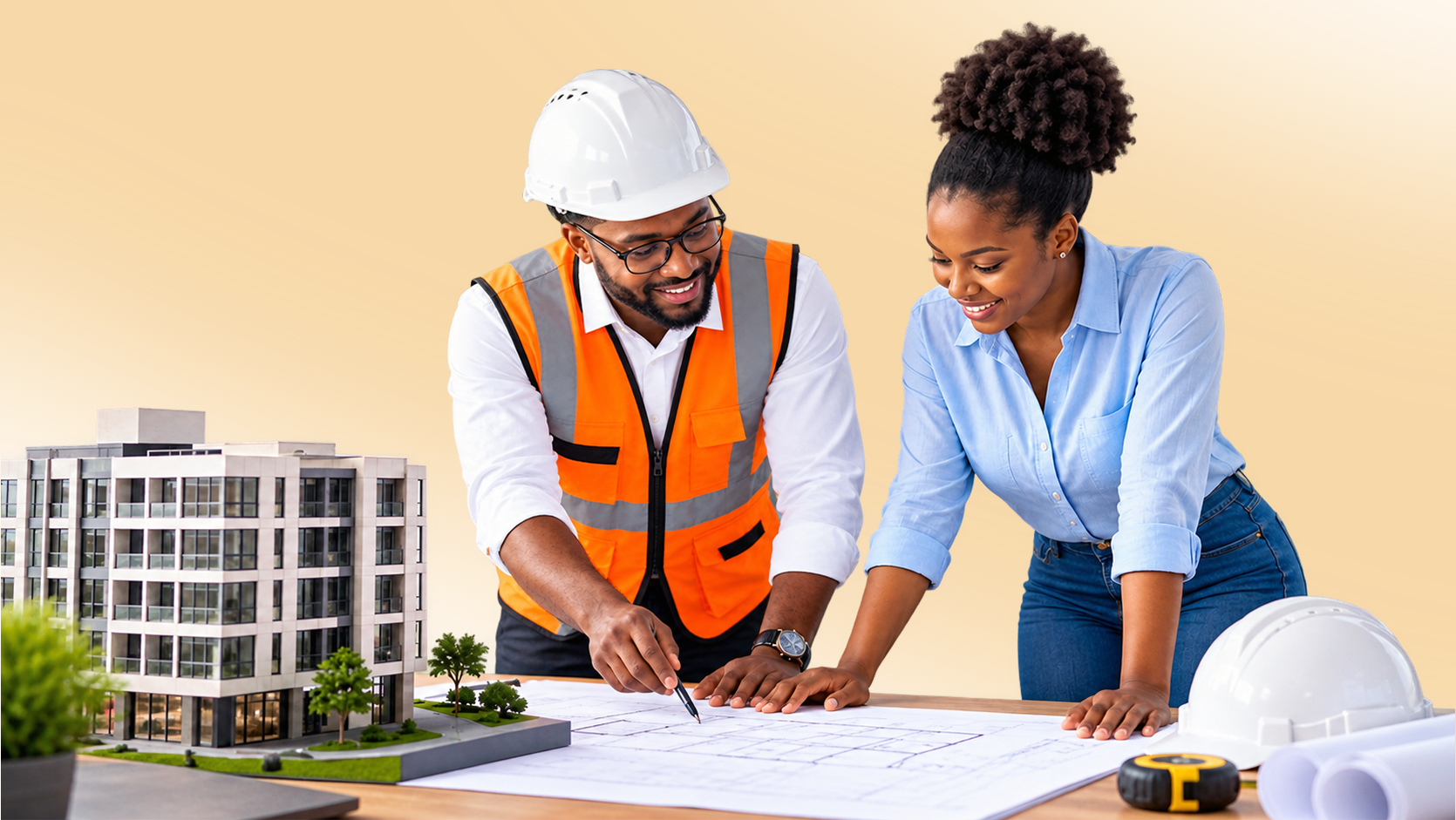 A construction professional and client reviewing building plans together