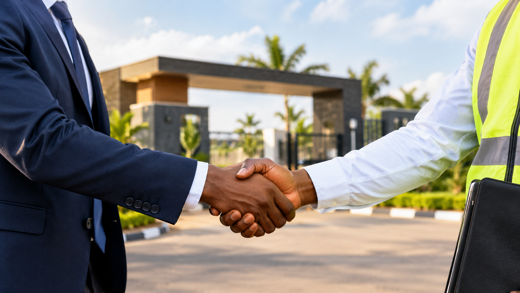 A real estate professional and construction representative shaking hands